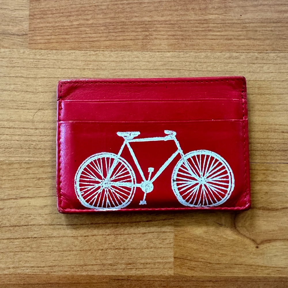 Very cute card-sized deep red leather bicycle wallet